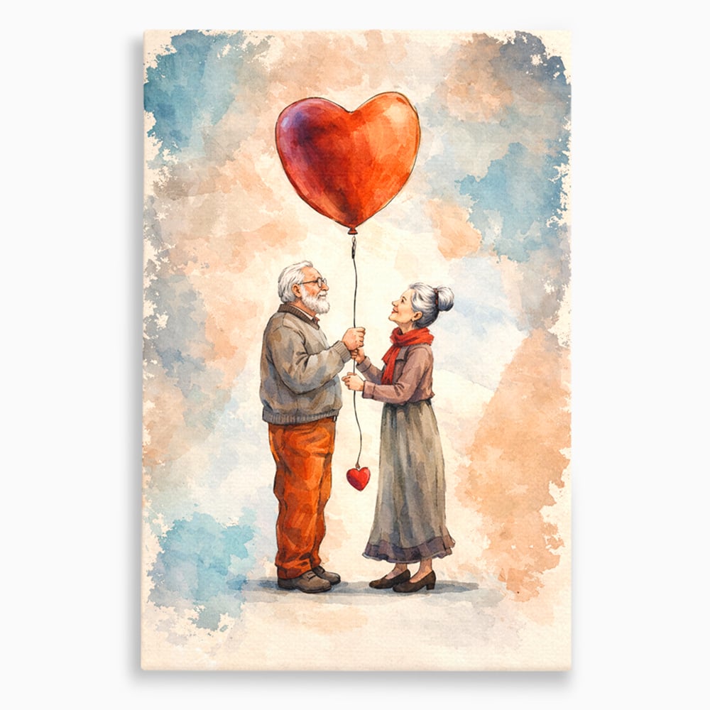 Tablou canvas cu tablou canvas cuplu in varsta si inima, fara rama, pe sasiu de lemn